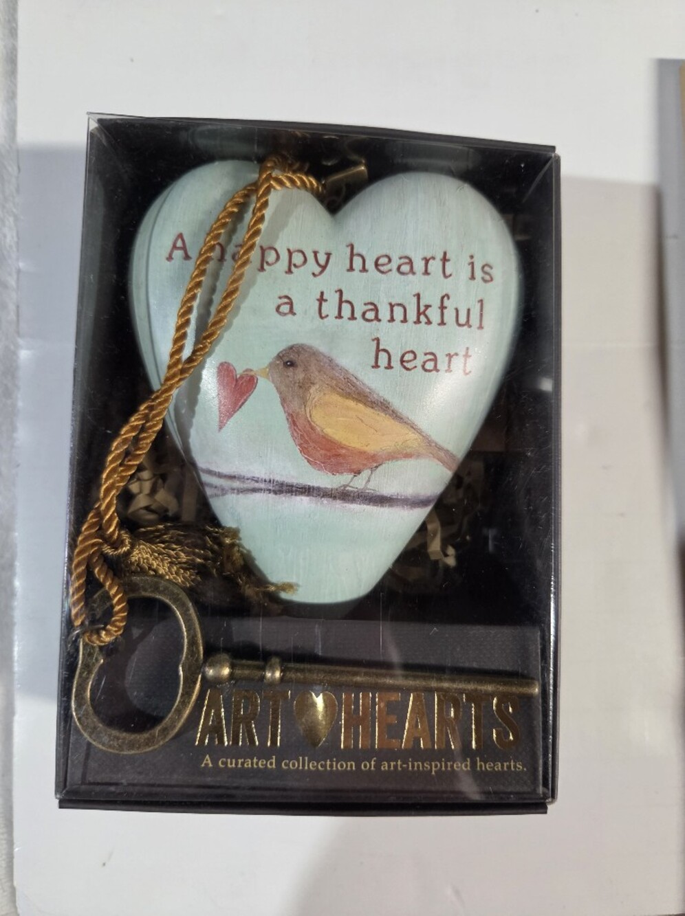 Demdaco Light Blue Heart Ornament with Bird and Gold Key